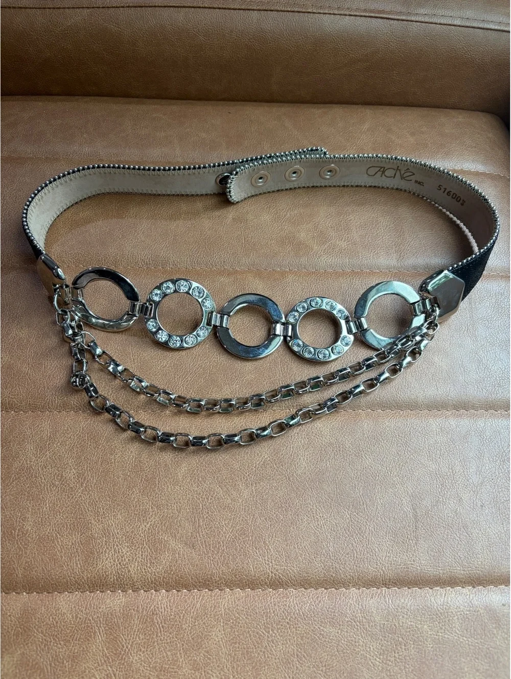 Caché Silver Hoop Ring Belt Layered Chain Rhinestone Y2K